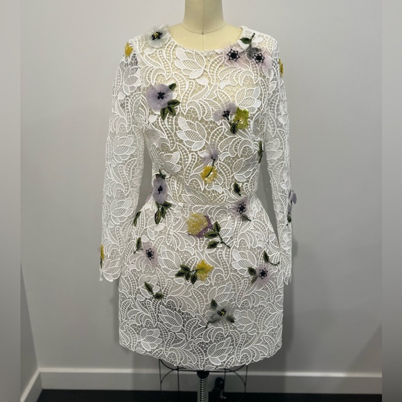 Monique Lhuillier Structured Long Sleeve Dress - 12 / SILK WHITE GUIPURE LACE - Picture 1 of 13